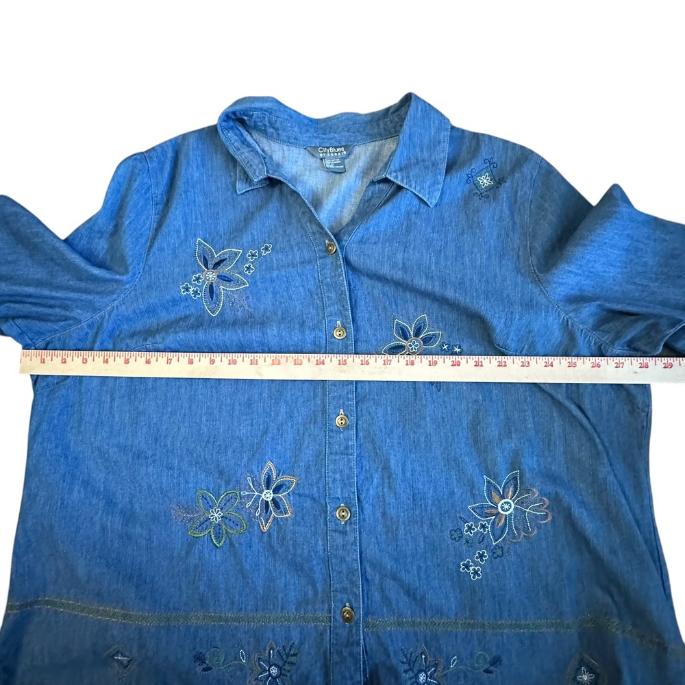 City Blues by Koret Denim Shirt‎ 3X Embroidered Flowers 3/4 Sleeve Button Up - Picture 7 of 12